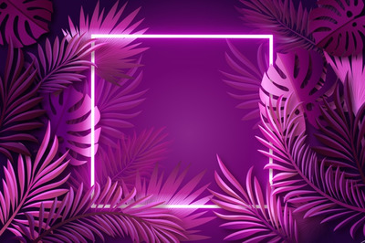 逼真的叶子背景与霓虹灯框架背景 Realistic leaves with neon frame background Vector