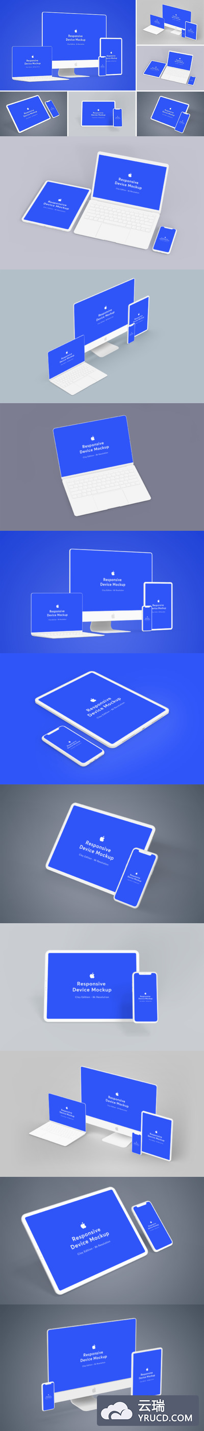 响应设备样机iMac/MacBook/iPad、iPhone APP UI样机展示模型mockups