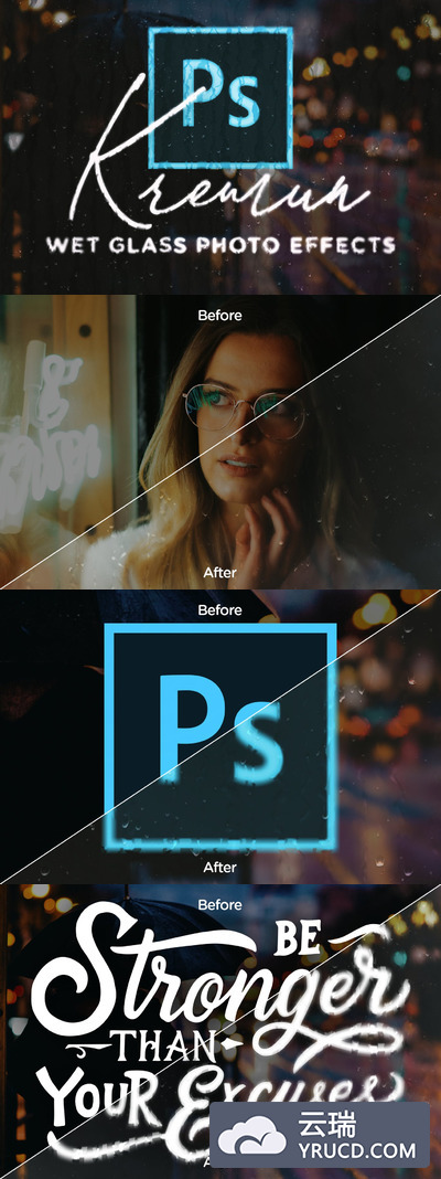时尚高端少见稀有的将图像一键转化为下雨天湿玻璃照片效果photoshop动作预设图层样式