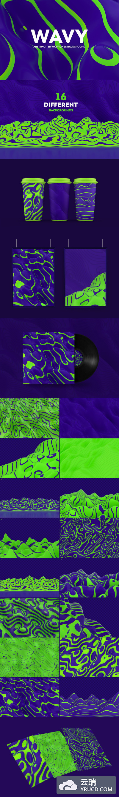 时尚高端抽象的3D波浪线背景-绿色和蓝色