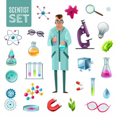 卡通医疗科学家图标 Science icons cartoon set Vector