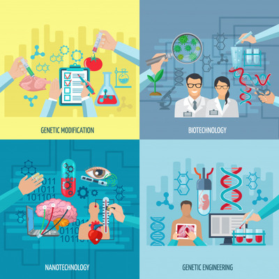 DNA生物技术平面插画 Biotechnology icons concept composition of genetic engineering nanotechnology and genetic modification square elements flat vector illustration Vector