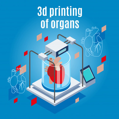 未来医学人工心脏背景 Medicine of the future isometric background composition with realistic 3d printer and human heart Vector