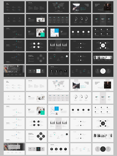 有设计感的酷炫多图表风格PPT模板下载（PPTX，深色+浅色）