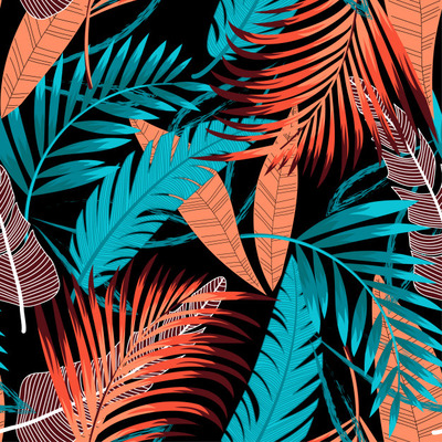 夏季热带植物插画无缝背景