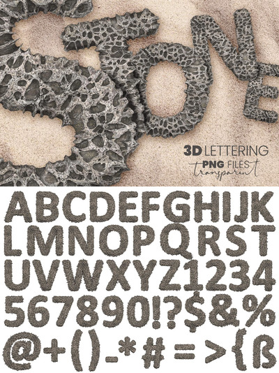 时尚高端逼真质感的多孔石头效果3D立体英文字母阿拉伯数字字体集合