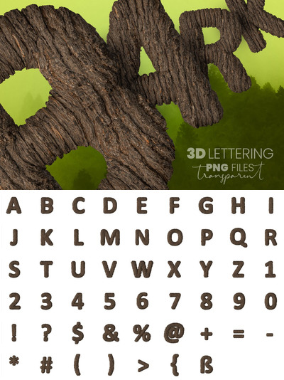 震撼逼真的3D立体树皮效果的英文字体集合