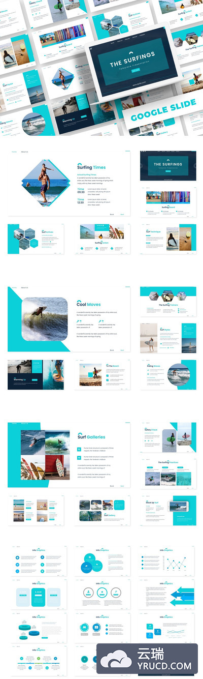时尚高端简约游泳冲浪风格的powerpoint幻灯片演示模板（pptx）