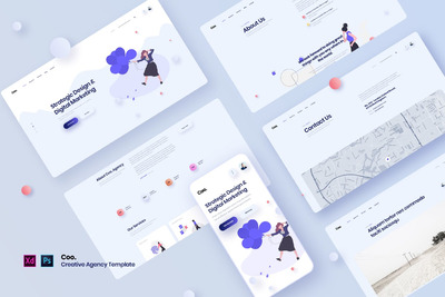 时尚高端简约扁平化的高品质广告代理网站banner着落页插画设计模板UI KITS（PSD，XD）