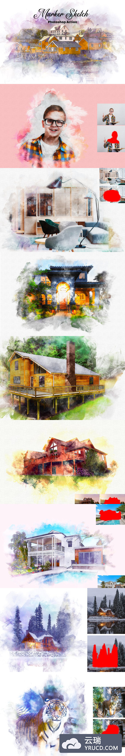 水彩画素描照片效果Photoshop动作下载