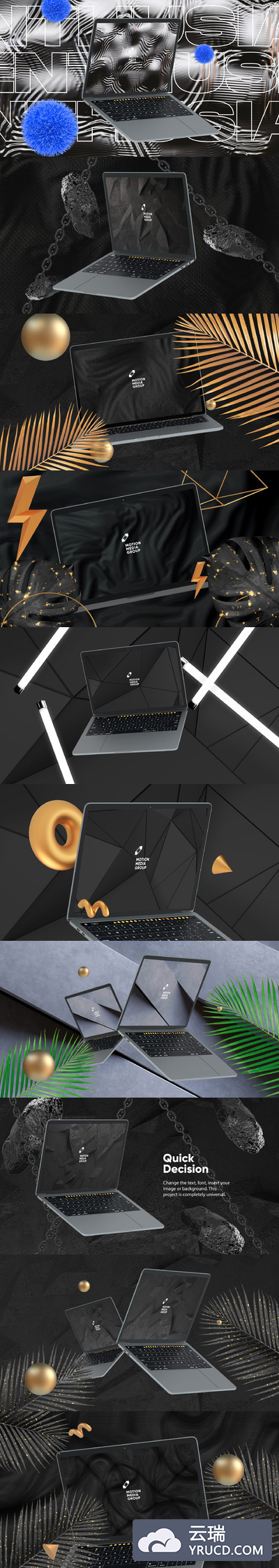 10 个深色的3D酷炫背景的笔记本电脑样机素材下载（PSD）