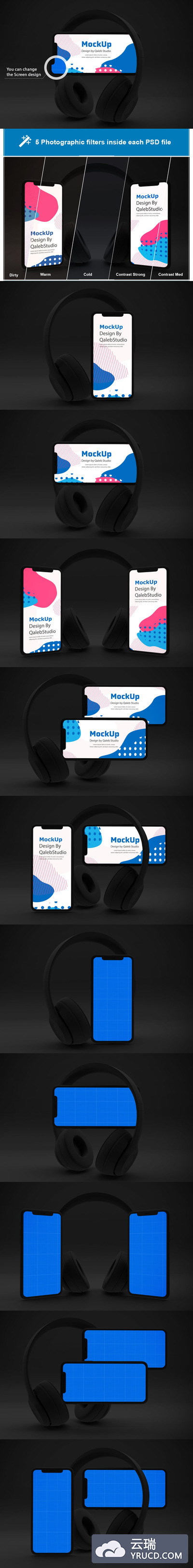 深色场景的 iPhone 音乐 App 展示手机样机下载（PSD）