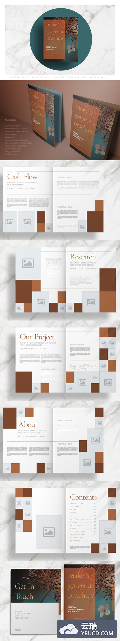 棕色配色主题时尚多用途杂志画册模板