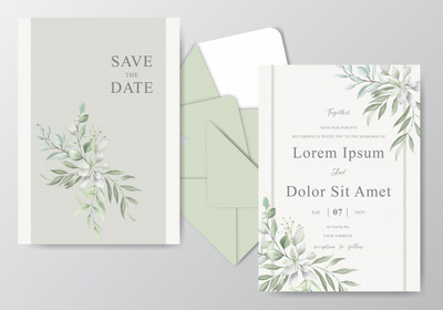 美丽的水彩植物婚礼邀请函设计模板