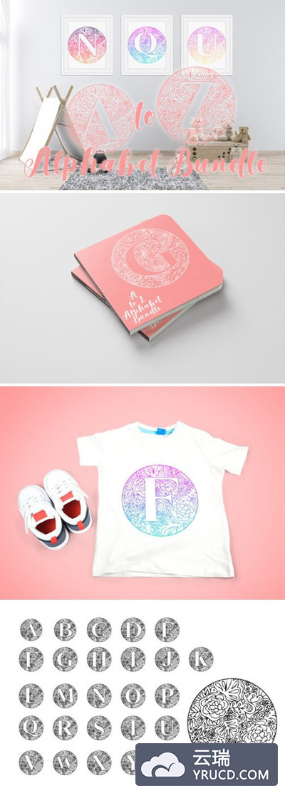 曼陀罗花卉元素A-Z字母表徽标图案素材