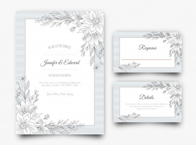 手绘银色花卉婚礼请柬设计模板