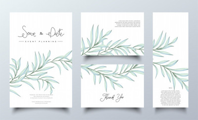 水彩绿叶装饰设计的婚礼请柬模板