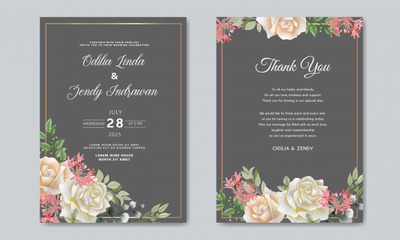 浪漫的婚礼请柬带有美丽的鲜花装饰设计模板