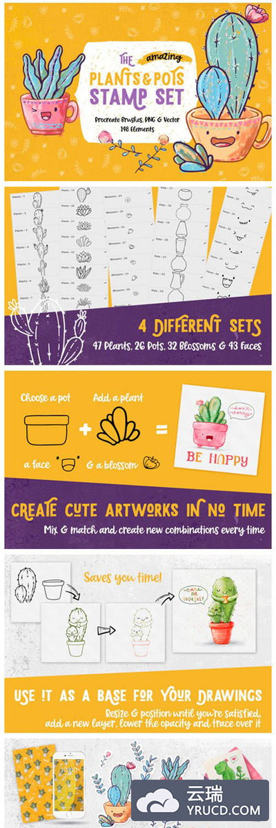 用于Procreate的植物盆栽图案&笔刷套装