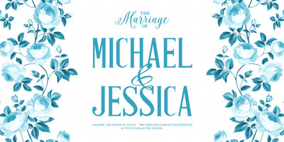 蓝色花卉植物装饰的婚礼请柬模板