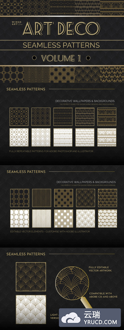 时尚高端轻奢质感的房地Art Deco设计风格无缝背景底纹纹理集合（ai/jpg）