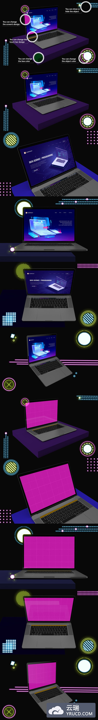 霓虹灯效果的 Macbook Pro 样机素材下载[PSD]