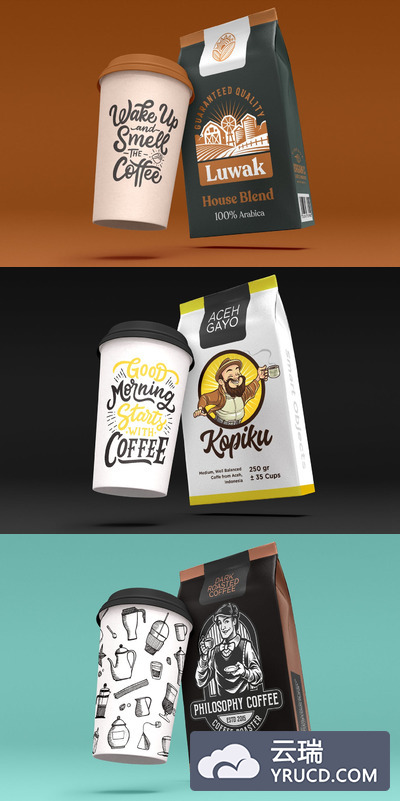 浮动的咖啡杯和袋袋样机下载[PSD]