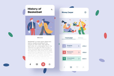 平面图形 | 移动端现代人物日常活动行为运动手机界面插图Sketch