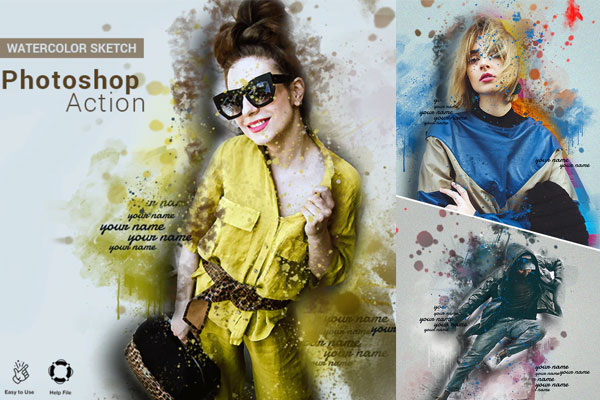 水彩素描飞溅照片效果Photoshop动作
