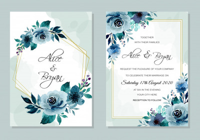 靛蓝水彩花卉婚礼请柬装饰模板