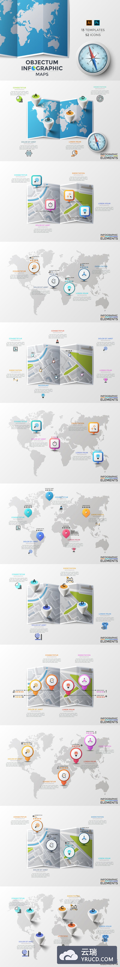 高端逼真的矢量世界地图插画图标图标设计模板集合（AI，EPS，PSD，JPG）