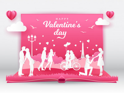 优质情人节剪纸风格插画场景