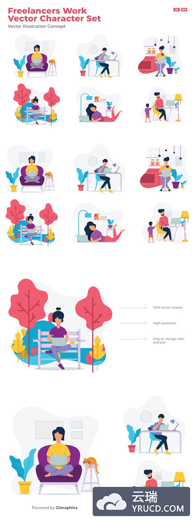 时尚简约好用的自由职业者工作矢量插画集合（AI，EPS，JPG，PNG）