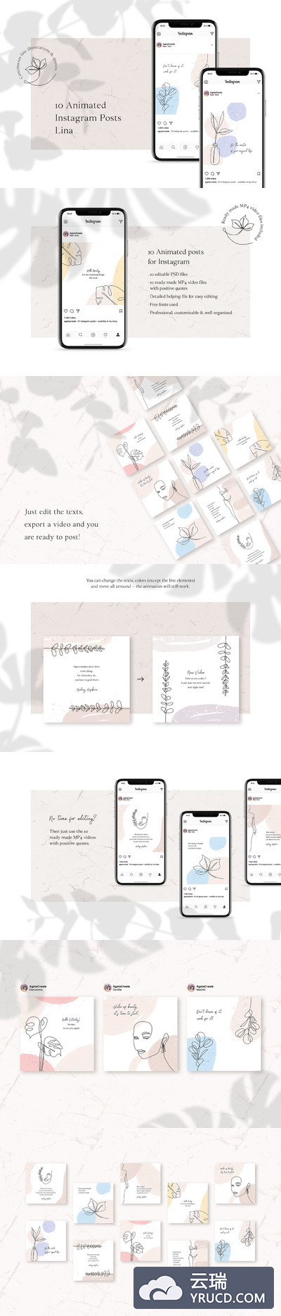 Instagram | 简洁现代极简主义画风高级灰色系10个线条插图元素动画MP4视频