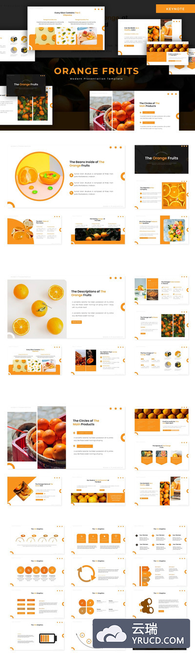 时尚简约好用的清新橙色配色水果主题keynote幻灯片演示模板（key）