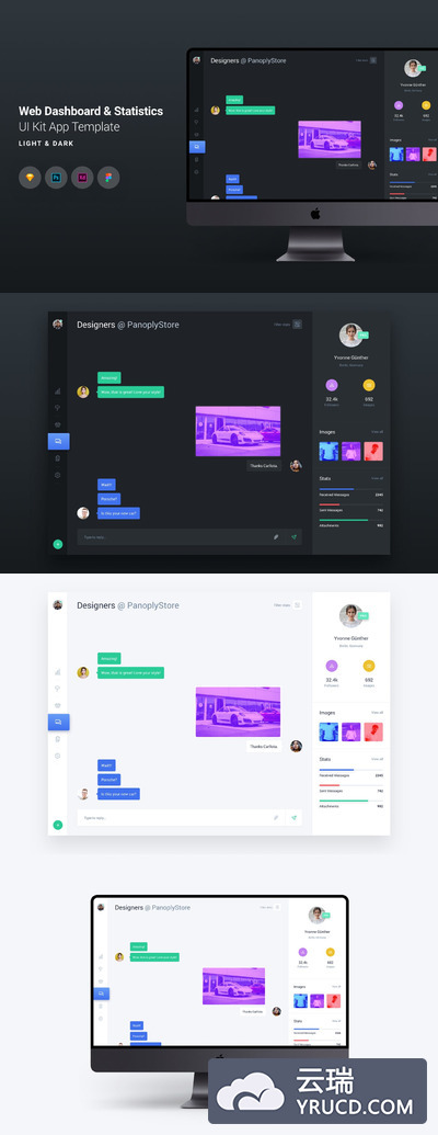 UI Kit | 独特时尚现代简约简洁品牌矢量白天夜晚模式仪表板和聊天消息WEB模板