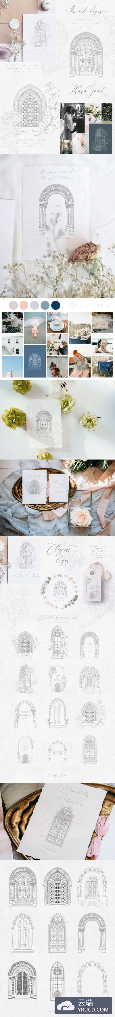 插画 | 华丽典雅优雅奢华精致手绘复古欧洲巴洛克装饰设计门窗花卉艺术品婚礼请柬