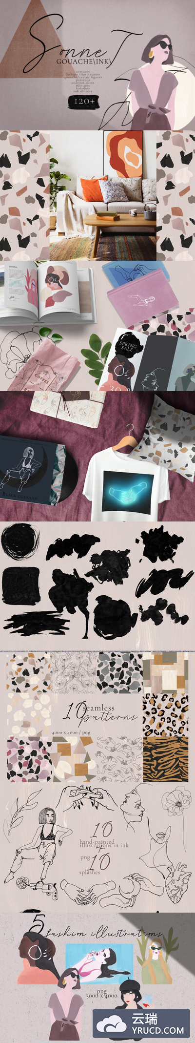 插画 | 100+复古时尚几何图形姑娘女孩手绘水墨人物无缝模式图案纹理