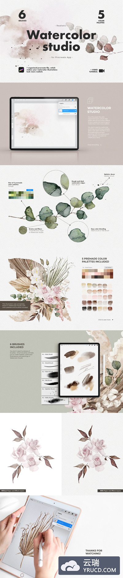 逼真的Procreate水彩绘画笔刷套件