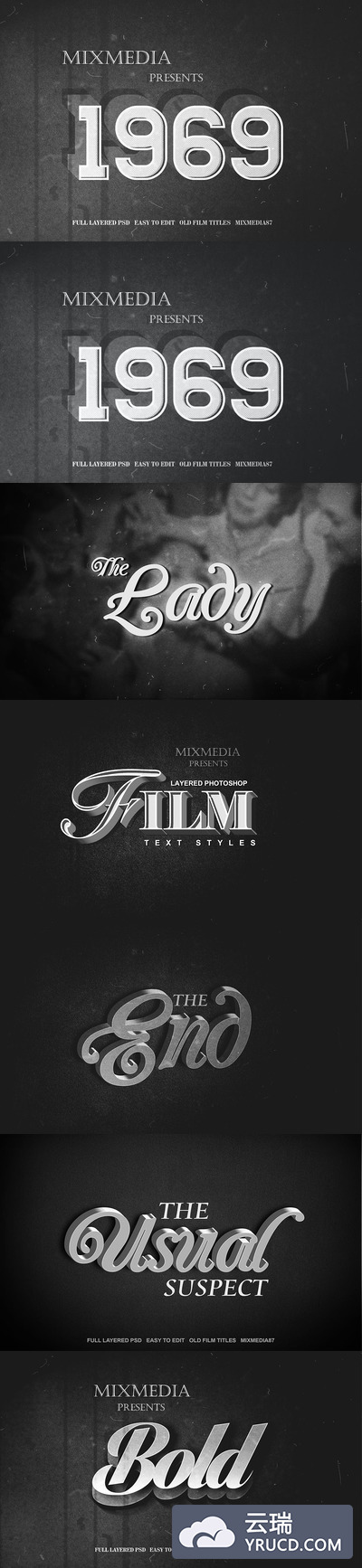 复古老电影风格的智能图层3D立体主标题集合（psd）