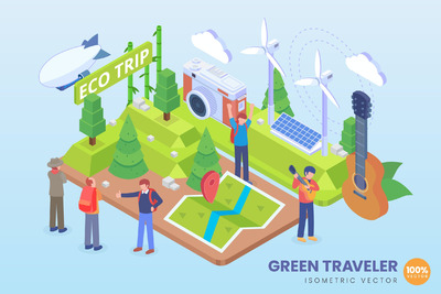 2.5D等距绿色旅行矢量概念（Ai）