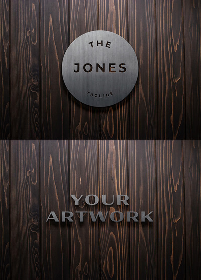 深色木板企业品牌金属logo标志样机素材