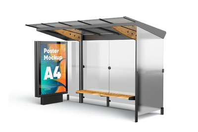 时尚高端逼真质感公交车站海报设计样机展示模型mockups