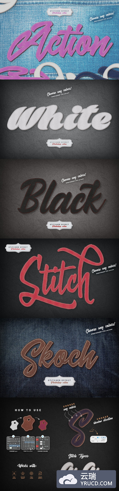 PS动作 | 逼真缝合皮革纹理肌理描边边缘针迹效果photoshop文件