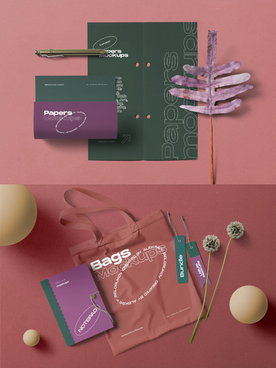 Mockups | 紫色时尚运动文具笔记本手提袋植物蒲公英龟背竹草本元素品牌场景创建者