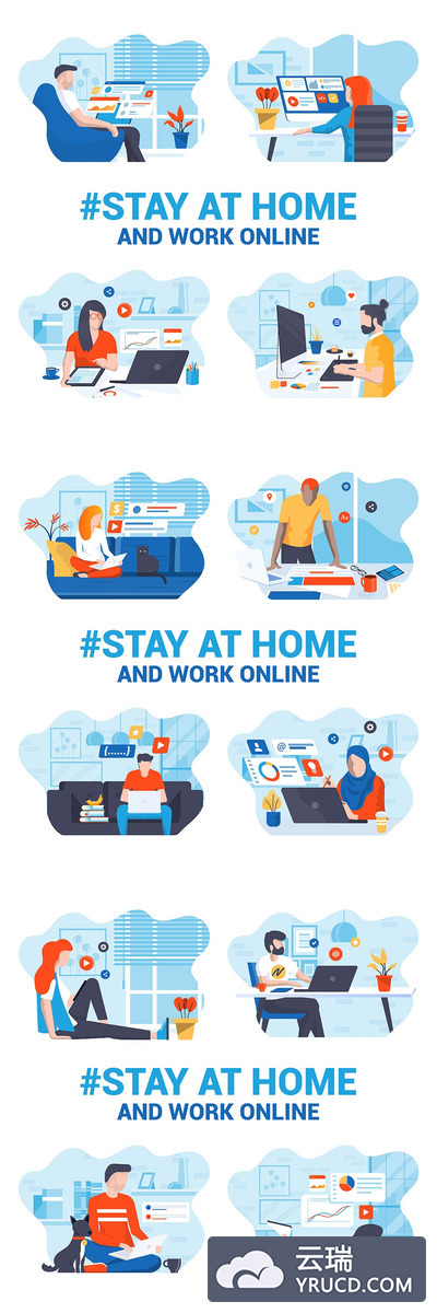 在家办公的矢量创意插画（Ai,PSD）