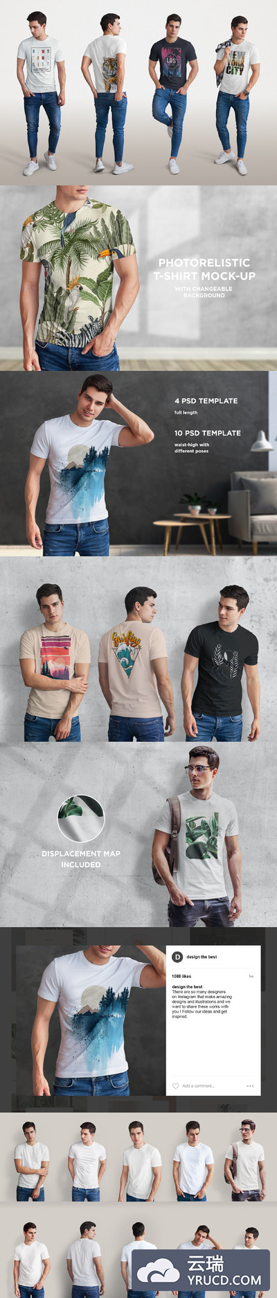 多角度男士T恤纹样设计展示样机（PSD）