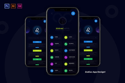 星座黄道十二宫主题的APP UI应用程序设计模板下载（XD,Ai,PSD）