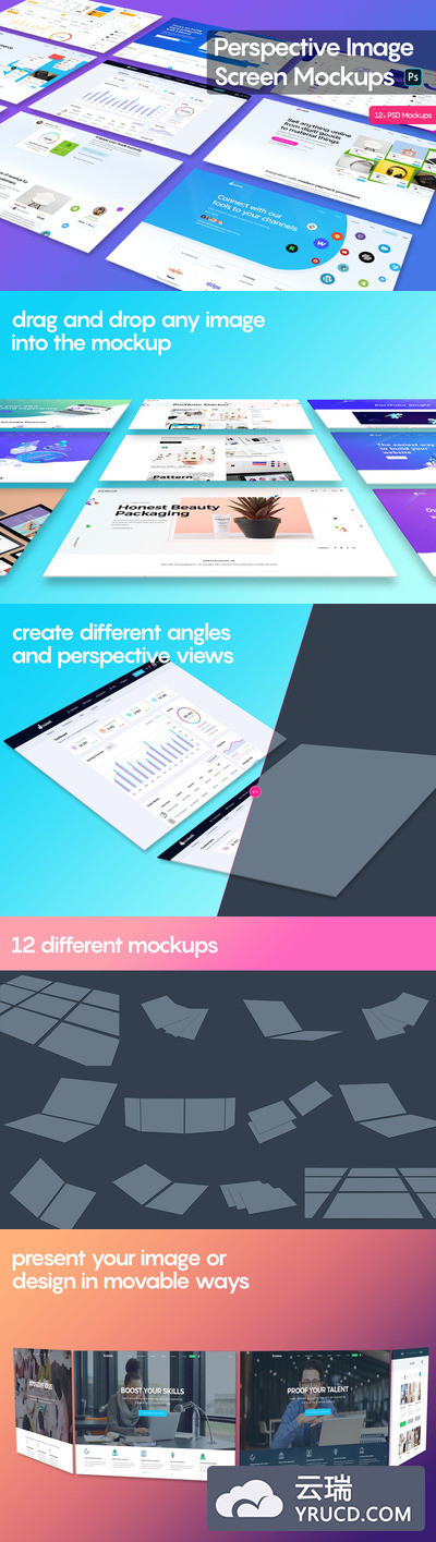 高品质的3D立体透视图效果web UI样机展示模型mockups