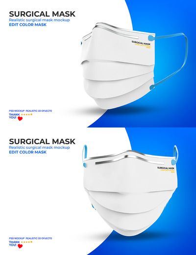 正面+侧面的立体效果的专业口罩品牌设计样机 Surgical mask mockup 2 [PSD]